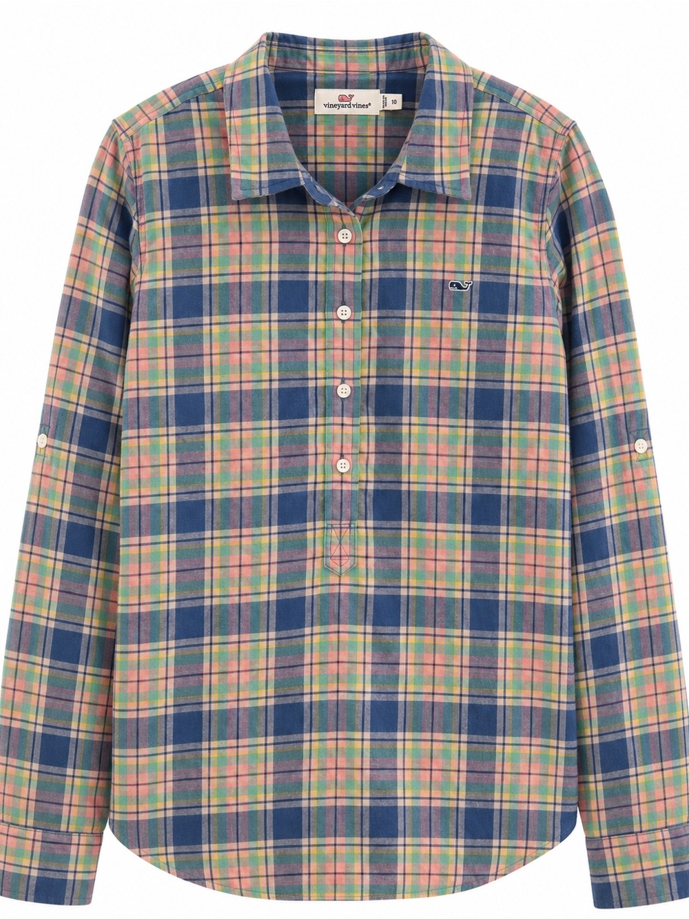 Vineyard Vines Little River Plaid Popover Polyester Shirt Blue Pink Size 10